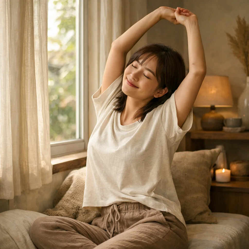 마사지 효과 지속 — 다음 날 가볍게 스트레칭하는 모습