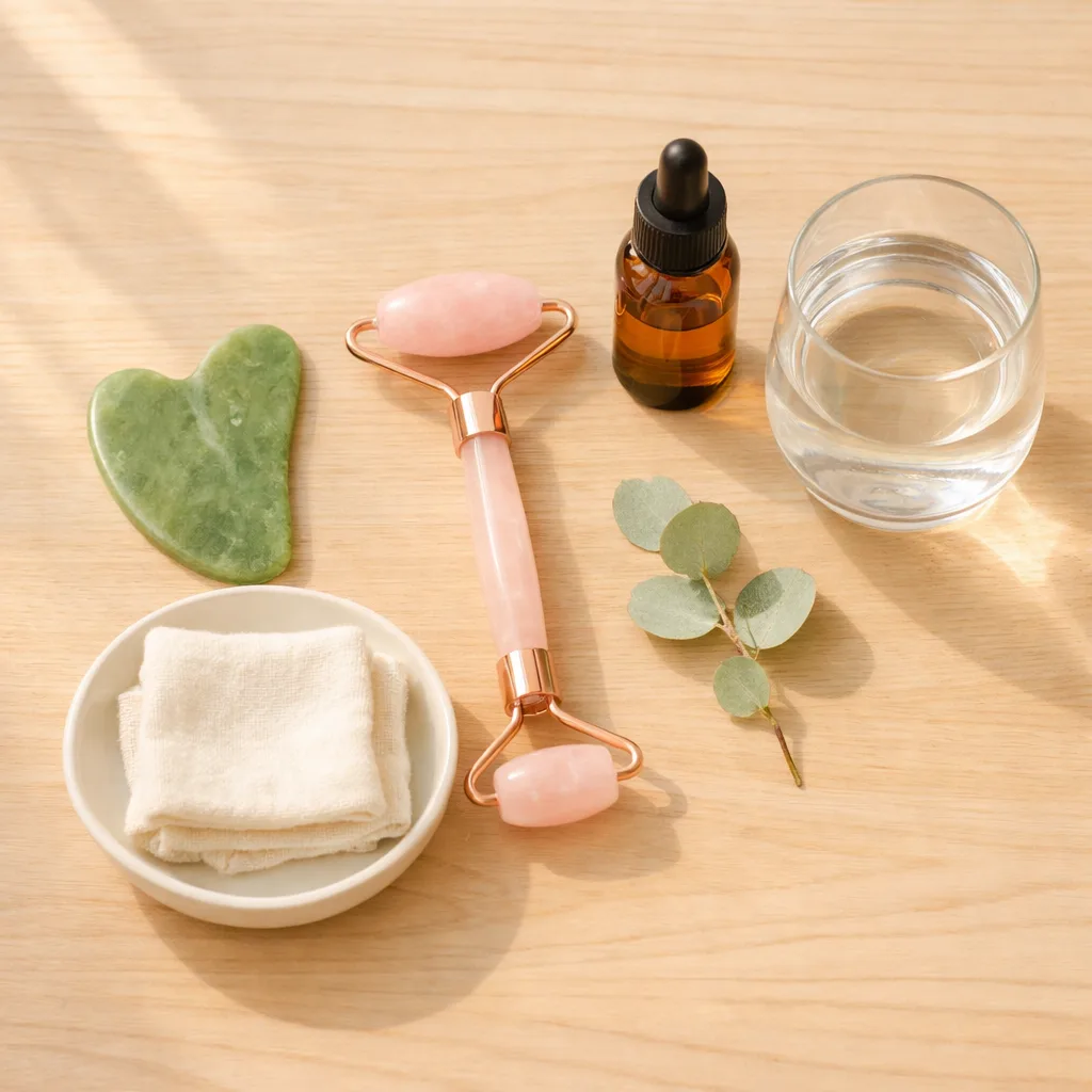 얼굴 마사지·페이셜 관리 도구 정물 — 밝은 나무 화장대 위의 구아샤·페이스 롤러·페이스 오일과 부드러운 수건